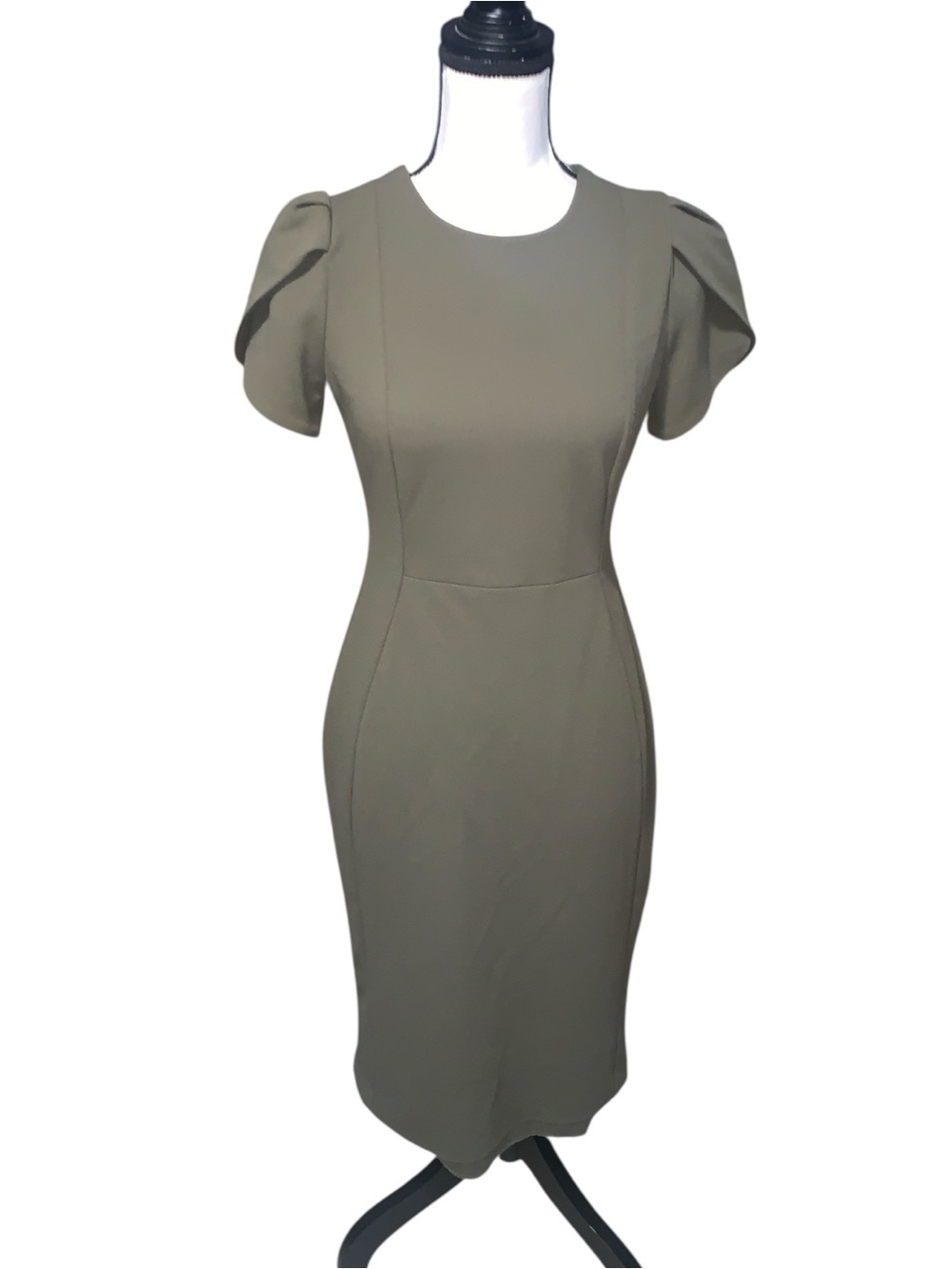 Calvin Klein Womens Olive Green Petal Sleeve Sheath Midi Dress Size 4 Gold Zip
